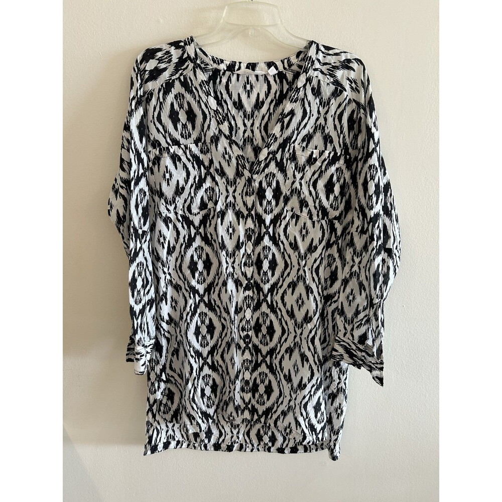 Athleta Women Printed Kaftan Tunic Top Silk Blend Black White Size M